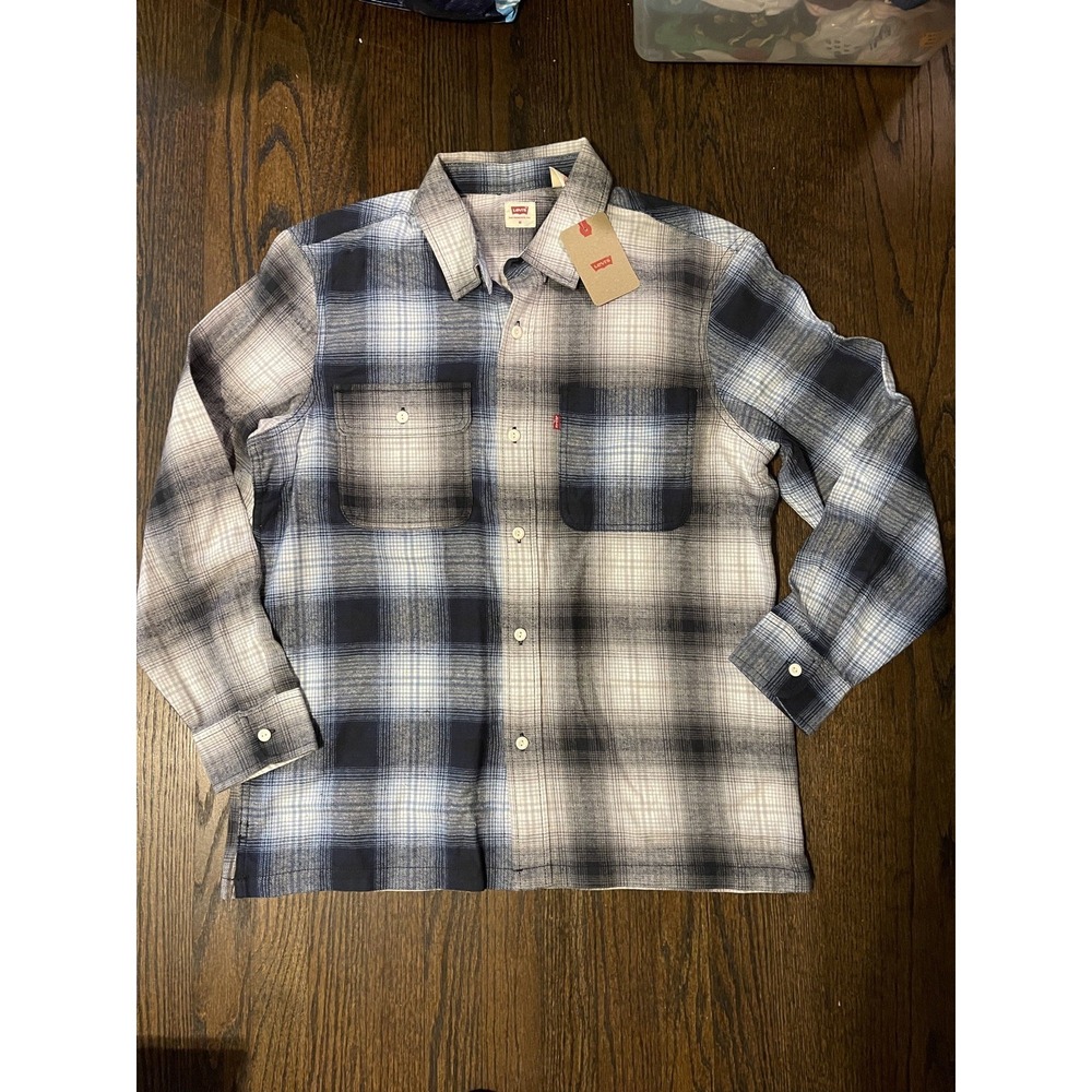 Men Levis Black White Blue Plaid Flannel Button Shirt Long Sleeve Size MED NWT